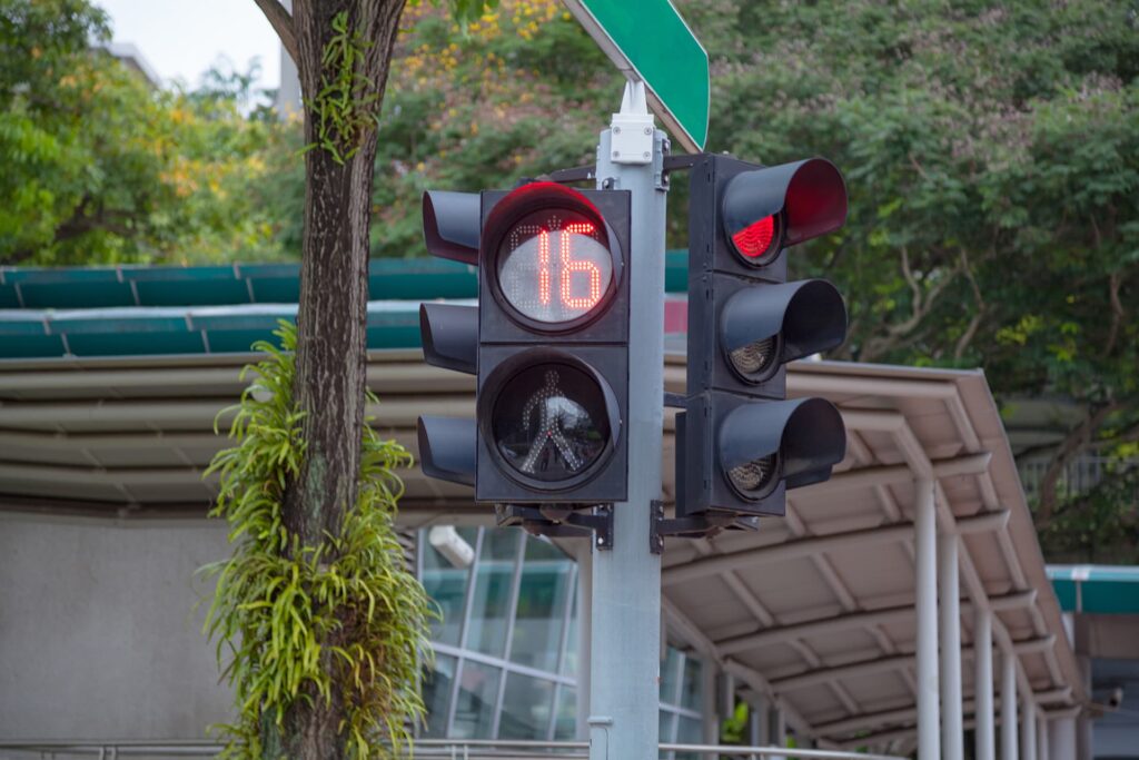 An intersection with signals for traffic and pedestrian safety