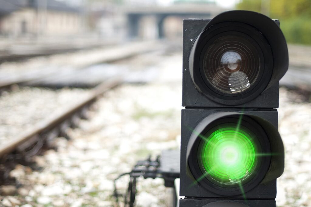 A signal at a railroad crossing